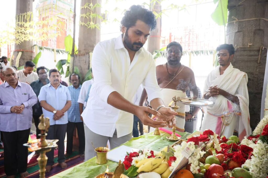 Karthi during poojai of Sardar 2