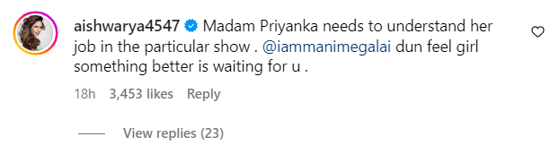 Aishwarya Dutta comments about Priyanka Deshpande