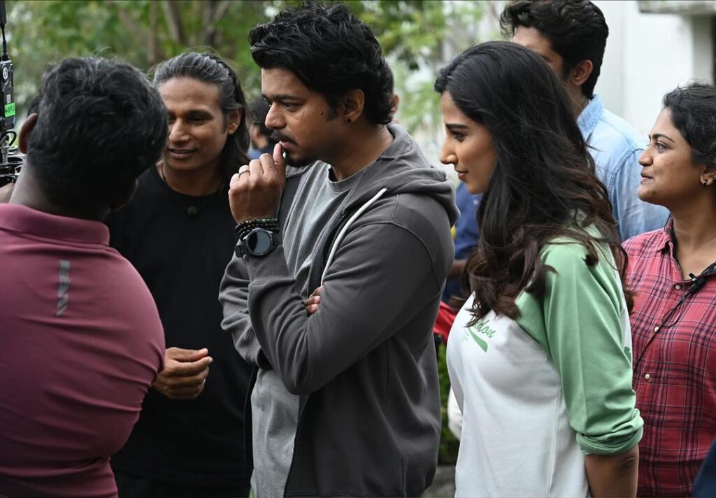 Vijay and Meenakshi in the sets of GOAT 